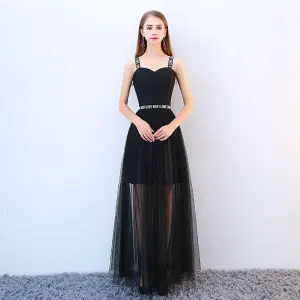 Chic Belle Noire Robe De Cocktail 2018 Princesse Bretelles Spaghetti Dos Nu Sans Manches Longue Robe De Ceremonie