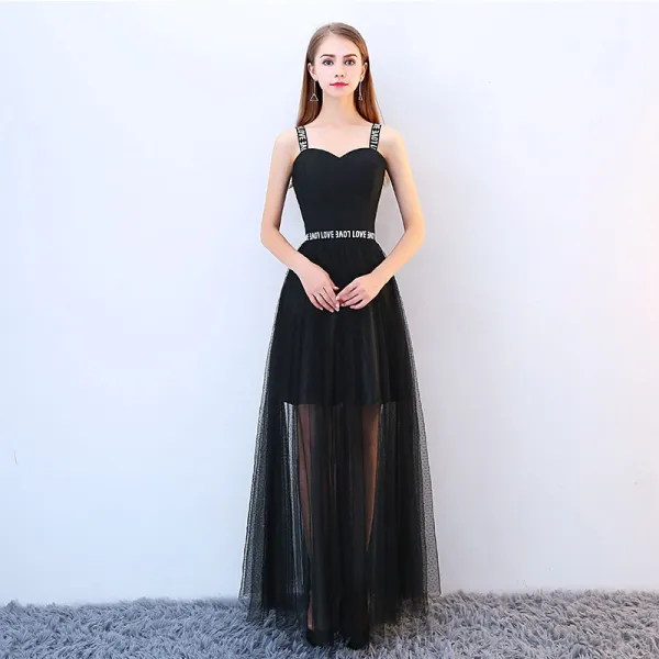 Chic / Beautiful Black Cocktail Dresses 2018 A-Line / Princess Spaghetti Straps Backless Sleeveless Floor-Length / Long Formal Dresses