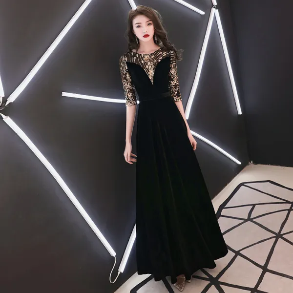 Elegant Black Evening Dresses  2019 A-Line / Princess Scoop Neck Sequins Suede 1/2 Sleeves Floor-Length / Long Formal Dresses