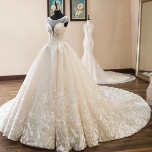 Luxe Champagne Robe De Mariée 2019 Princesse Encolure Dégagée Perlage Perle Paillettes En Dentelle Fleur Mancherons Dos Nu Cathedral Train