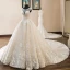 Luxury / Gorgeous Champagne Wedding Dresses 2019 A-Line / Princess Scoop Neck Beading Pearl Sequins Lace Flower Cap Sleeves Backless Cathedral Train
