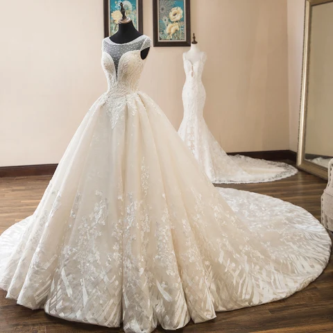 Luxus / Herrlich Champagner Brautkleider / Hochzeitskleider 2019 A Linie Rundhalsausschnitt Perlenstickerei Perle Pailletten Spitze Blumen Ärmel Rückenfreies Kathedrale Schleppe