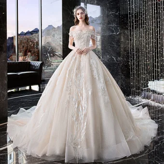 Chic Beautiful Ivory Wedding Dresses 2019 A Line Princess Off The Shoulder Appliques Lace Flower Pearl Beading Tassel Short Sleeve Backless Cathedral Train