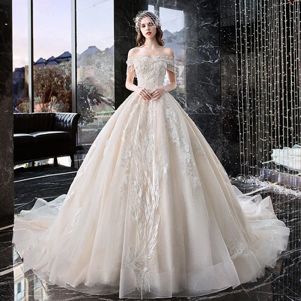 Chic / Beautiful Ivory Wedding Dresses 2019 A-Line / Princess Off-The-Shoulder Appliques Lace Flower Pearl Beading Tassel Short Sleeve Backless Chic / Beautiful Ivory Wedding Dresses 2019 A-Line / Princess Off-The-Shoulder Appliques Lace Flower Pearl Beading Tassel Short Sleeve Backless