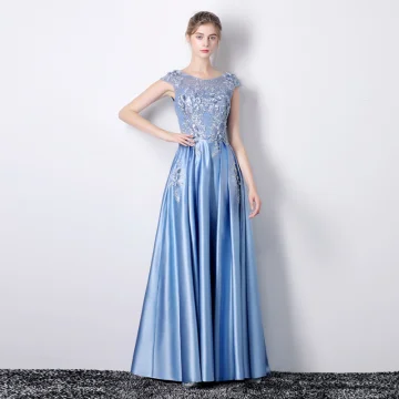 Chic Belle Bleu Robe De Soirée 2019 Princesse Encolure Dégagée Appliques En Dentelle Fleur Faux Diamant Sans Manches Dos Nu Longue Robe De Ceremonie