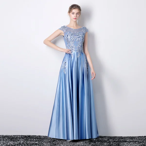 Chic / Belle Bleu Robe De Soirée 2019 Princesse Encolure Dégagée Appliques En Dentelle Fleur Faux Diamant Sans Manches Dos Nu Longue Robe De Ceremonie