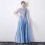Chic / Belle Bleu Robe De Soirée 2019 Princesse Encolure Dégagée Appliques En Dentelle Fleur Faux Diamant Sans Manches Dos Nu Longue Robe De Ceremonie