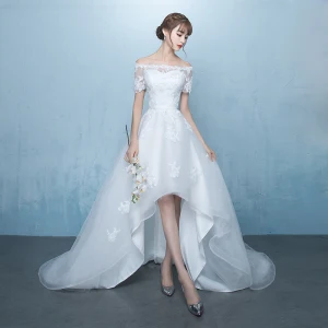 Élégant Blanche Asymétrique Robe De Mariée 2019 Princesse De L Épaule Ceinture En Dentelle Fleur Manches Courtes Dos Nu