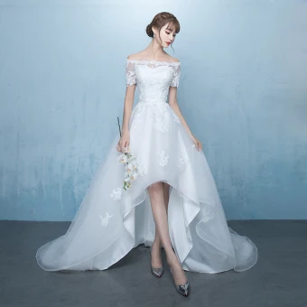 Elegant White Asymmetrical Wedding Dresses 2019 A Line Princess Off The Shoulder Sash Lace Flower Short Sleeve Backless