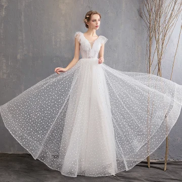 Chic Belle Ivoire Plage Robe De Mariée 2019 Princesse Col V Profond Tachetée Sans Manches Dos Nu Longue