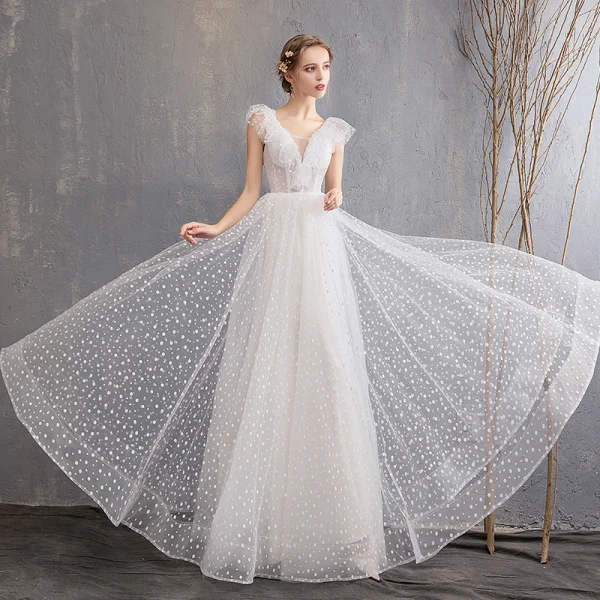 Chic / Beautiful Ivory Beach Wedding Dresses 2019 A-Line / Princess Deep V-Neck Spotted Sleeveless Backless Floor-Length / Long