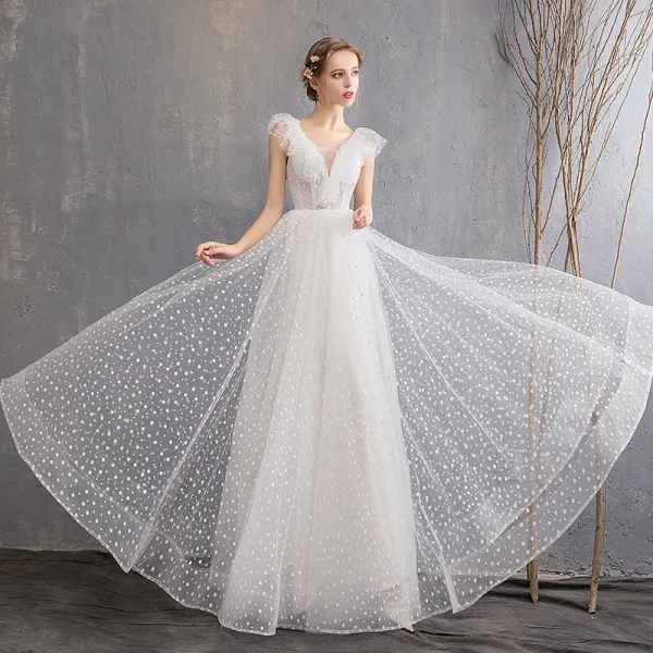 Chic Beautiful Ivory Beach Wedding Dresses 2019 A Line Princess Deep V Neck Spotted Sleeveless Backless