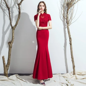 Mooie Prachtige Bordeaux Avondjurken 2019 Trompet Zeemeermin Hoge Kraag Ruglooze Kristal Rhinestone Kant Bloem Korte Mouwen Lange Gelegenheid Jurken