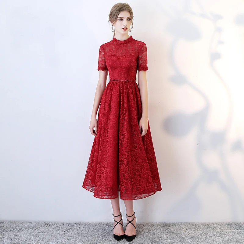 Chic / Beautiful Burgundy Homecoming Graduation Dresses 2019 A-Line / Princess Scoop Neck Lace Flower Short Sleeve Tea-length Formal Dresses Chic / Beautiful Burgundy Homecoming Graduation Dresses 2019 A-Line / Princess Scoop Neck Lace Flower Short Sleeve Tea-length Formal Dresses