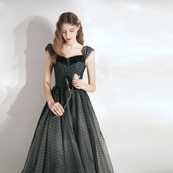 Elegant Black Spotted Homecoming Graduation Dresses 2021 A-Line / Princess Square Neckline Sleeveless Backless Floor-Length / Long Formal Dresses