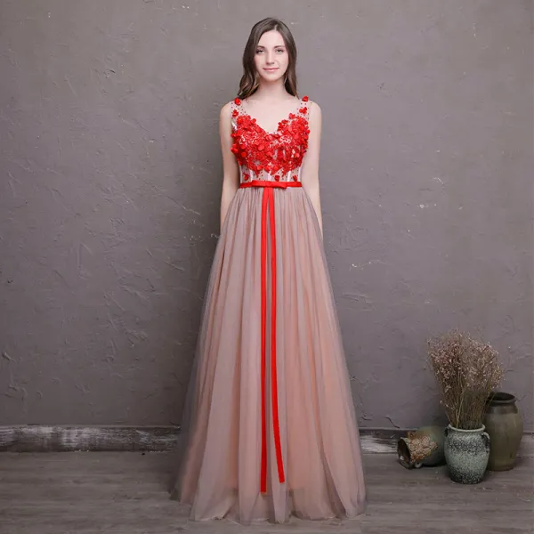 Chic / Beautiful Red Prom Dresses 2018 A-Line / Princess Appliques Crystal Bow V-Neck Backless Sleeveless Floor-Length / Long Formal Dresses