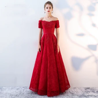 Chic Beautiful Burgundy Evening Dresses 2019 A Line Princess Off The Shoulder Beading Crystal Lace Flower Short Sleeve Backless Floor Length Long Formal Dresses
