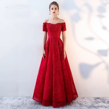 Chic Beautiful Burgundy Evening Dresses 2019 A Line Princess Off The Shoulder Beading Crystal Lace Flower Short Sleeve Backless Floor Length Long Formal Dresses