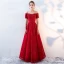 Chic / Beautiful Burgundy Evening Dresses  2019 A-Line / Princess Off-The-Shoulder Beading Crystal Lace Flower Short Sleeve Backless Floor-Length / Long Formal Dresses