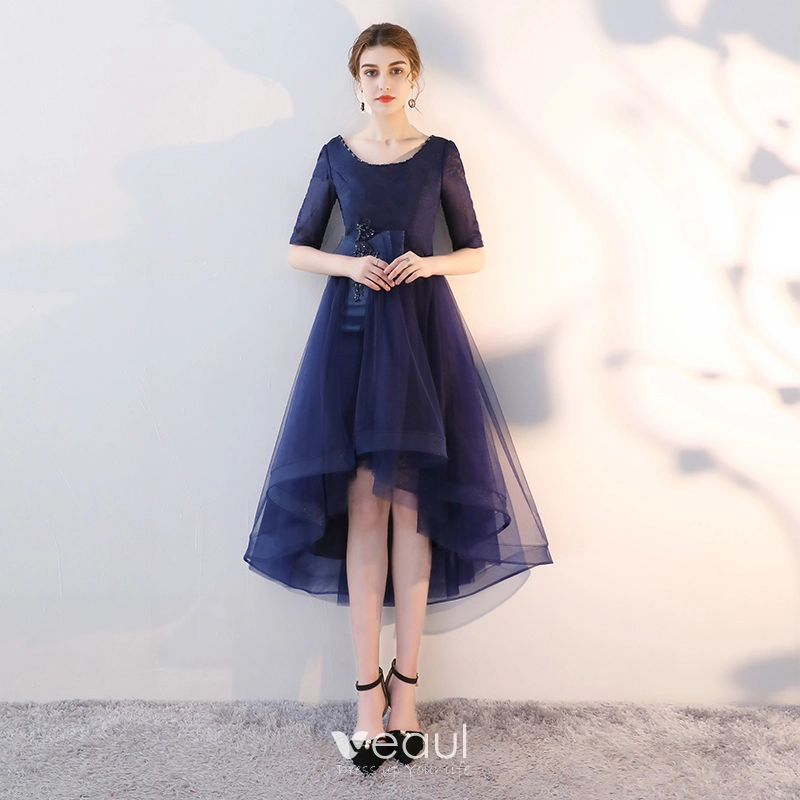 Chic / Beautiful Navy Blue Cocktail Dresses A-Line / Princess Scoop Neck Beading Sequins Bow 1/2 Sleeves Backless Asymmetrical Formal Dresses