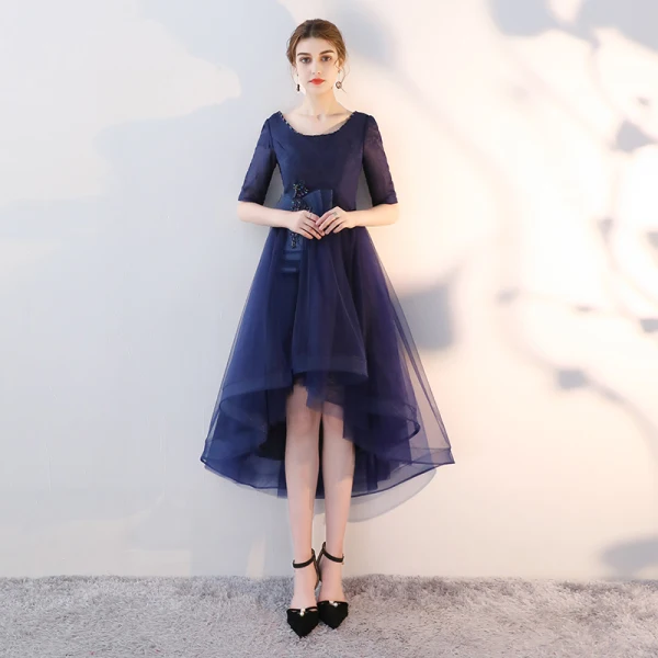 Chic / Beautiful Navy Blue Cocktail Dresses A-Line / Princess Scoop Neck Beading Sequins Bow 1/2 Sleeves Backless Asymmetrical Formal Dresses Chic / Beautiful Navy Blue Cocktail Dresses A-Line / Princess Scoop Neck Beading Sequins Bow 1/2 Sleeves Backless Asymmetrical Formal Dresses
