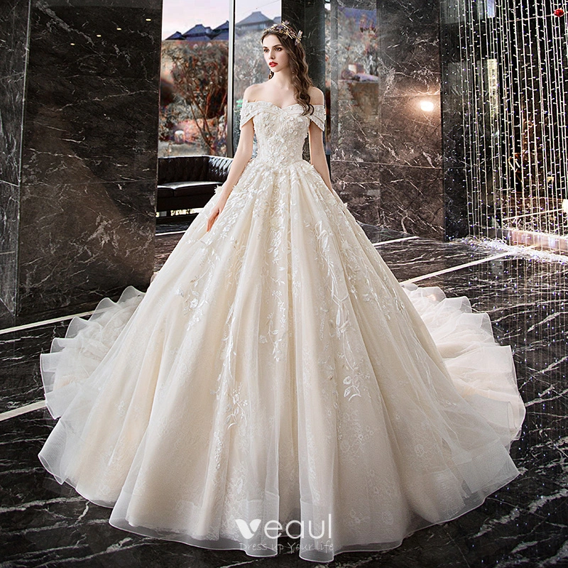 Chic Beautiful Ivory Wedding Dresses 2019 A Line Princess Off The Shoulder Appliques Lace Flower Short Sleeve Backless Cathedral Train