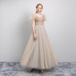 Élégant Champagne Robe De Soirée 2019 Princesse V Cou Perlage Cristal Paillettes Manches Courtes Dos Nu Longue Robe De Ceremonie