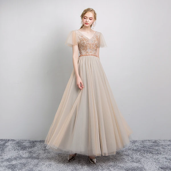 Elegant Champagne Evening Dresses 2019 A-Line / Princess V-Neck Beading  Crystal Sequins Short Sleeve Backless