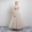 Élégant Champagne Robe De Soirée 2019 Princesse V-Cou Perlage Cristal Paillettes Manches Courtes Dos Nu Longue Robe De Ceremonie