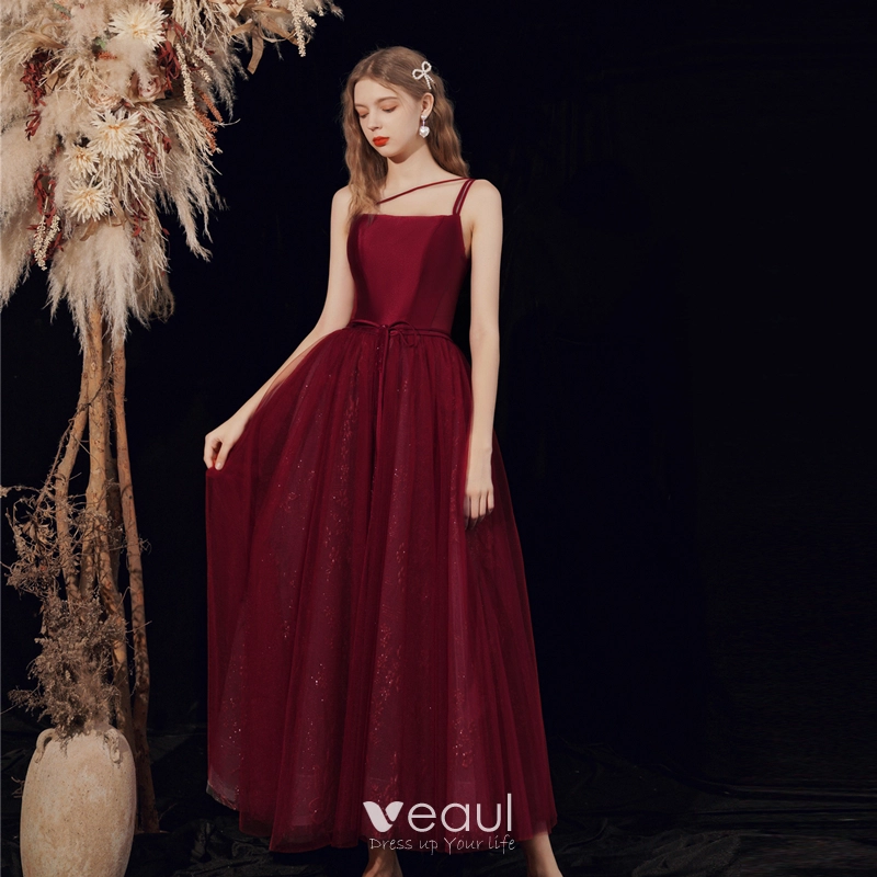 Modest / Simple Burgundy Homecoming Graduation Dresses 2021 A-Line /  Princess Spaghetti Straps Sleeveless Backless Bow Floor-Length / Long  Formal Dresses