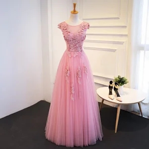 Chic Beautiful Candy Pink Prom Dresses 2018 A Line Princess Lace Appliques Sequins Scoop Neck Backless Sleeveless Floor Length Long Formal Dresses