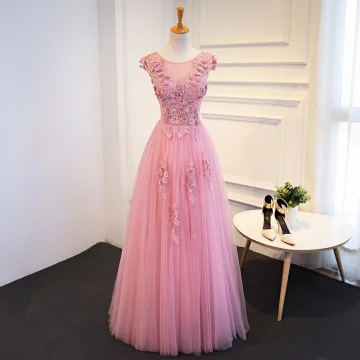 Chic Belle Rose Bonbon Robe De Bal 2018 Princesse En Dentelle Appliques Paillettes Encolure Dégagée Dos Nu Sans Manches Longue Robe De Ceremonie