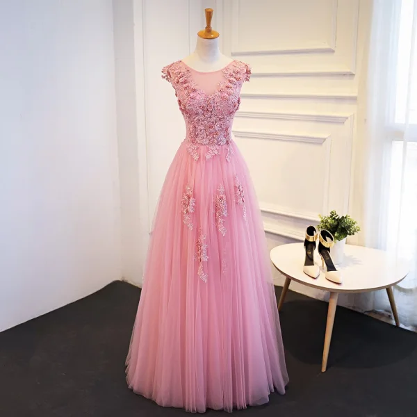Chic / Belle Rose Bonbon Robe De Bal 2018 Princesse En Dentelle Appliques Paillettes Encolure Dégagée Dos Nu Sans Manches Longue Robe De Ceremonie