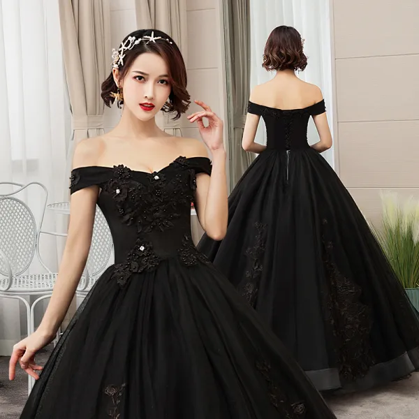 Elegant Black Quinceañera Prom Dresses 2019 A-Line / Princess Off-The-Shoulder Pearl Lace Flower Short Sleeve Backless Floor-Length / Long Formal Dresses