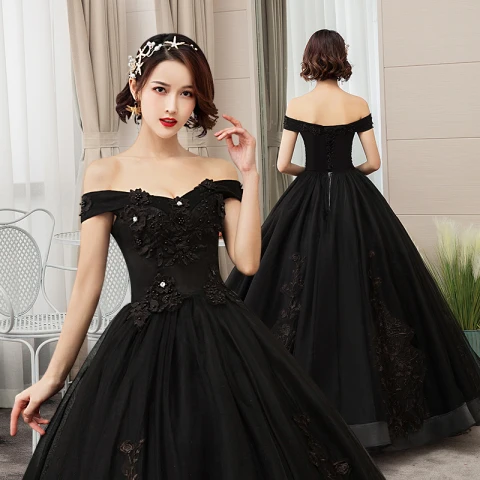 Eleganckie Czarne Quinceañera Sukienki Na Bal 2019 Princessa Przy Ramieniu Perła Z Koronki Kwiat Kótkie Rękawy Bez Pleców Długie Sukienki Wizytowe