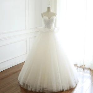 Élégant Ivoire Robe De Mariée 2019 Princesse Bretelles Spaghetti Perlage Paillettes Perle En Dentelle Fleur Sans Manches Dos Nu Longue