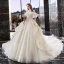 Charming Champagne Wedding Dresses 2019 A-Line / Princess Off-The-Shoulder Pearl Lace Flower Short Sleeve Backless Cascading Ruffles Cathedral Train