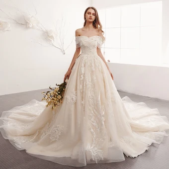 Elegant Champagne Wedding Dresses 2019 A Line Princess Off The Shoulder Beading Tassel Pearl Lace Flower Short Sleeve Backless Cathedral Train