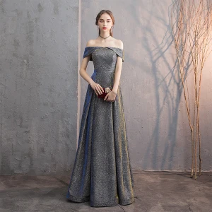 Scintillantes Robe De Soirée 2019 Princesse De L 039 Épaule Glitter Satin Manches Courtes Dos Nu Longue Robe De Ceremonie