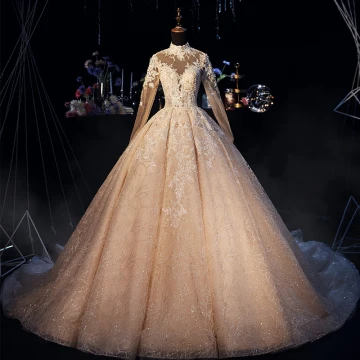 Luxe Champagne Robe De Mariée 2019 Princesse Col Haut Glitter Perlage En Dentelle Fleur Perle Cristal Manches Longues Dos Nu Royal Train