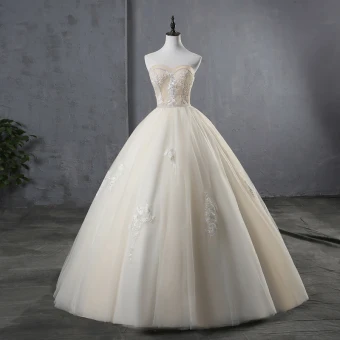 Elegant Champagne Wedding Dresses 2019 Ball Gown Strapless Lace Flower Sleeveless Backless Floor Length Long