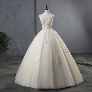 Elegant Champagne Wedding Dresses 2019 Ball Gown Strapless Lace Flower Sleeveless Backless Floor Length Long