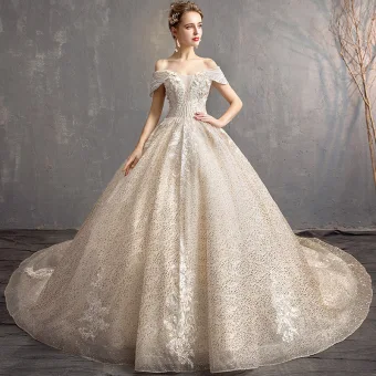 Charming Champagne Wedding Dresses 2019 Ball Gown Off The Shoulder Short Sleeve Backless Flower Glitter Lace Pearl Chapel Train