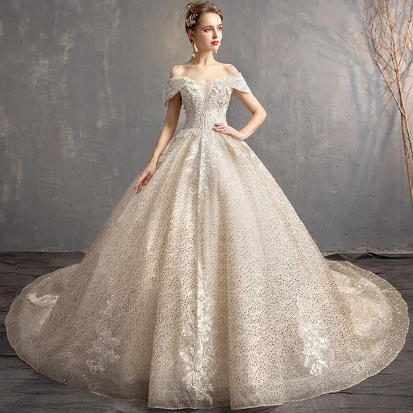Charming Champagne Wedding Dresses 2019 Ball Gown Off-The-Shoulder ...