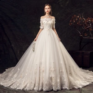 Elegant Ivory Wedding Dresses 2019 A Line Princess Off The Shoulder Beading Appliques Pearl Lace Flower Short Sleeve Backless Chapel Train