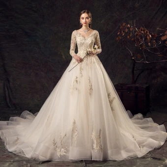 Elegant Champagne Wedding Dresses 2019 A Line Princess V Neck Beading Lace Flower Sequins 3 4 Sleeve Backless Cathedral Train