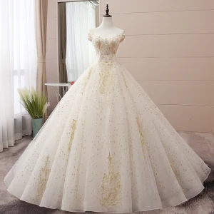 Élégant Champagne Robe De Mariée 2019 Robe Boule De L 039 Épaule Perlage Perle Paillettes En Dentelle Fleur Sans Manches Dos Nu Chapel Train