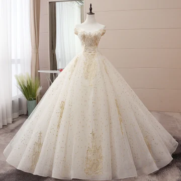 Elegant Champagne Wedding Dresses 2019 Ball Gown Off The Shoulder Beading Pearl Sequins Lace Flower Sleeveless Backless Chapel Train
