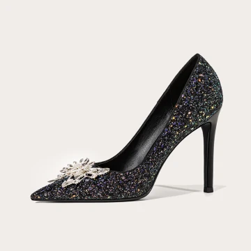 Scintillantes Noire Soirée Cristal Paillettes Escarpins 2021 Cuir 10 Cm Talons Aiguilles À Bout Pointu Escarpins Talons Hauts