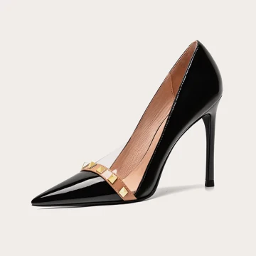 Sjarmerende Svart Aften Lær Klinke Pumps 2021 Patent Lær 10 Cm Stiletthæler Spisse Pumps Høyhælte